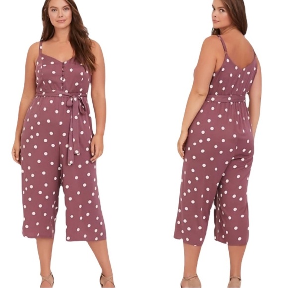 torrid Pants - Torrid Mauve Purple Polka Dot Stretch Challis Tie Front Culotte Jumpsuit